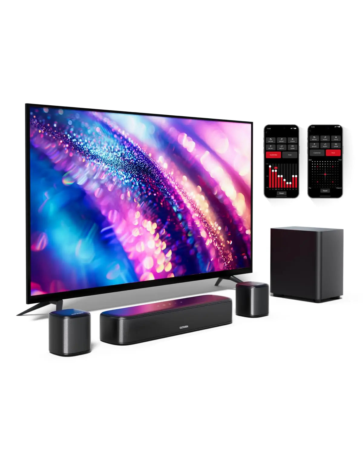 ULTIMEA 5.1ch Sound Bar for Smart TV with 2 Surround Speakers Virtual Surround Sound System for TV App Control Home Theater Sound System Wired Subwoofer Peak Power 250W Opt/BT/AUX Aura A30