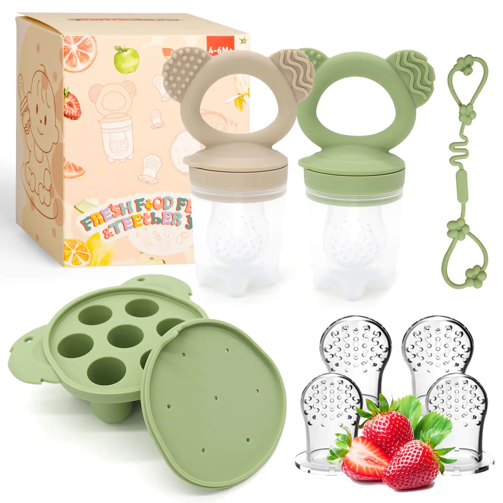 Fruchtsauger Baby Zahnfleisch Kühlung Relie für Babys ab 6 Monate Muttermilch-Popsicle-Formen für Gemüse Früchte Babys Fütterung BPA frei für beruhigen Zahnen (Grün + Karamell)